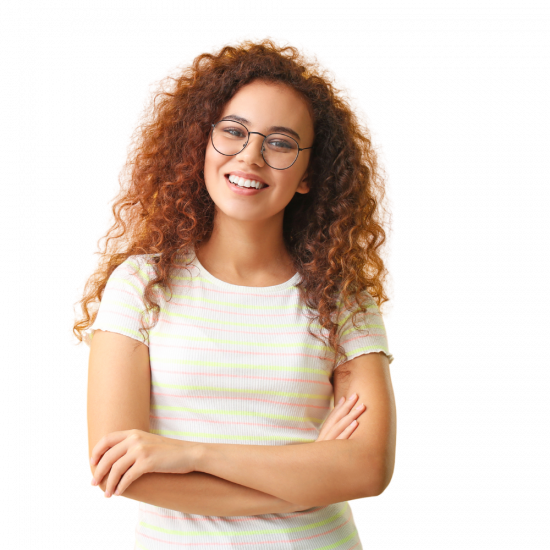 a smiling woman with curly hair